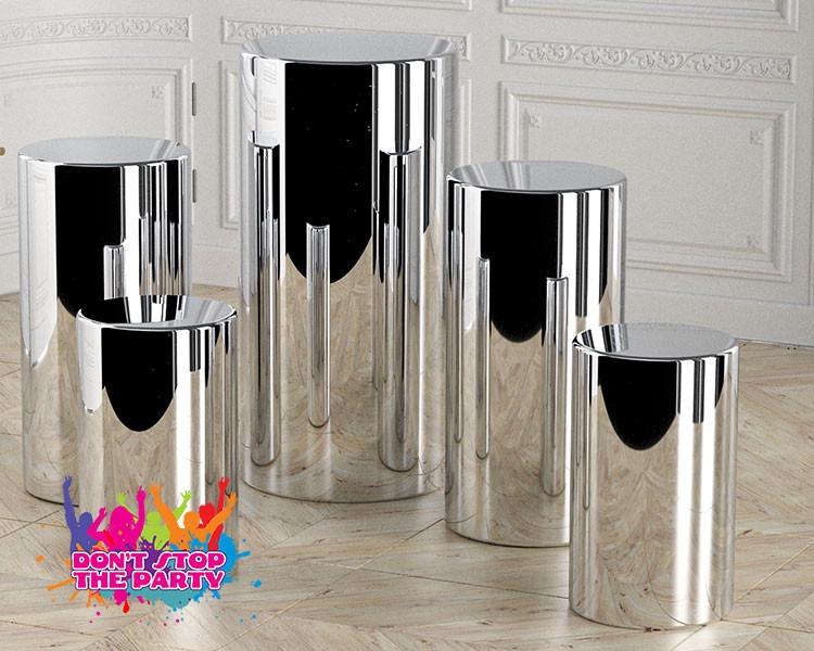 Round Cylinder Plinth Silver Mirror - Set of 3