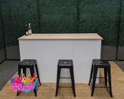 drinks bar wooden top brisbane for hire black stools 1681784636 VJ Panel Drinks Bar - White