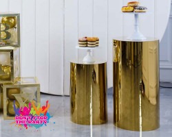 plinth hire gold mirror brisbane 1678320484 2 Round Cylinder Plinth Gold Mirror - Set of 3